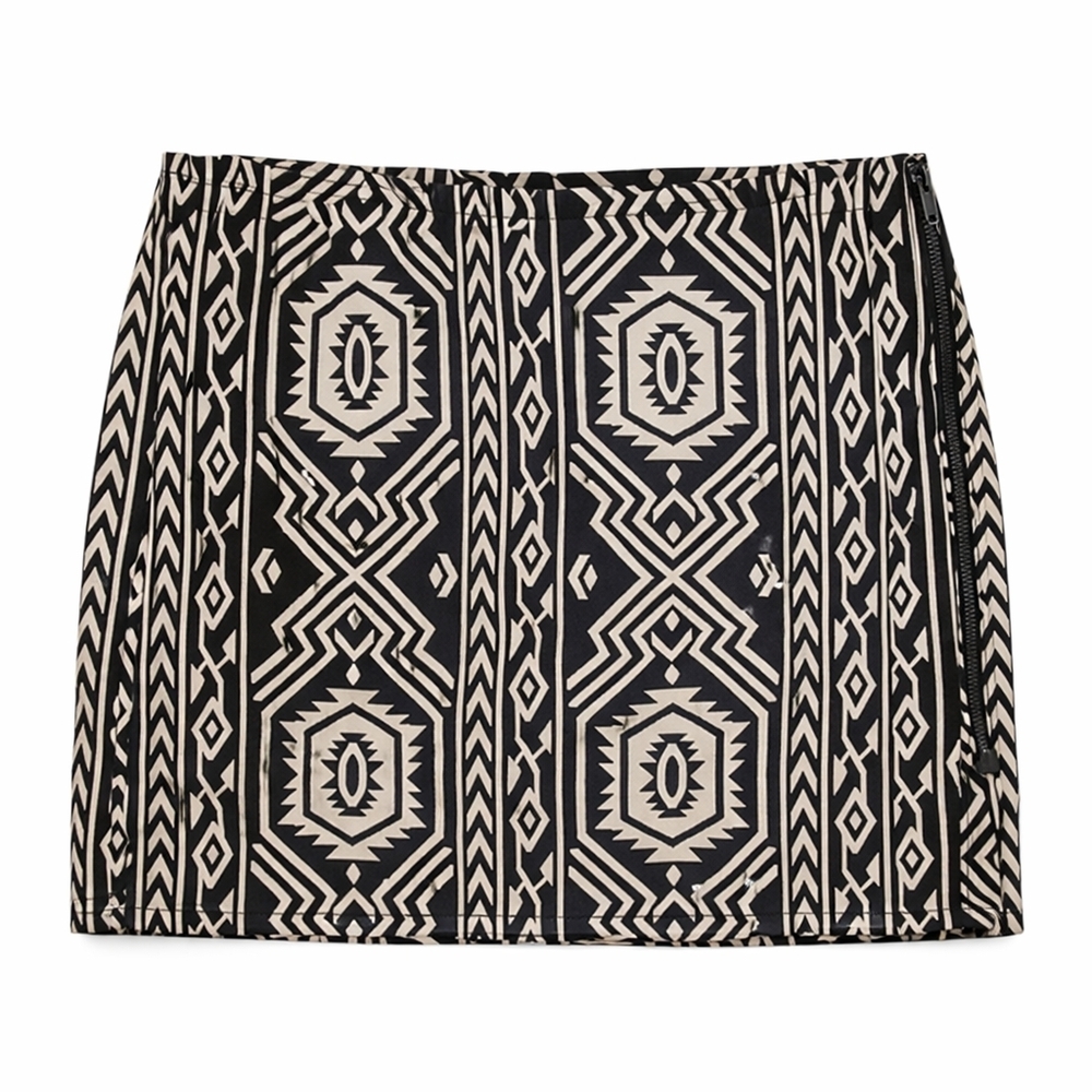 Mink Pink Geometric Tribal Wrap Mini Skirt Boho Festival M black cream bohemian